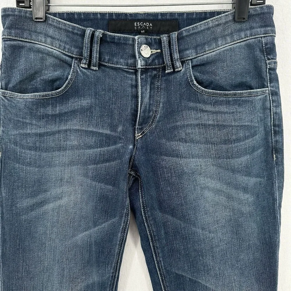 Escada Sport Selvedge Jeans Womens 6 EUR36 Skinny Blue Denim Tie Flaps Distress